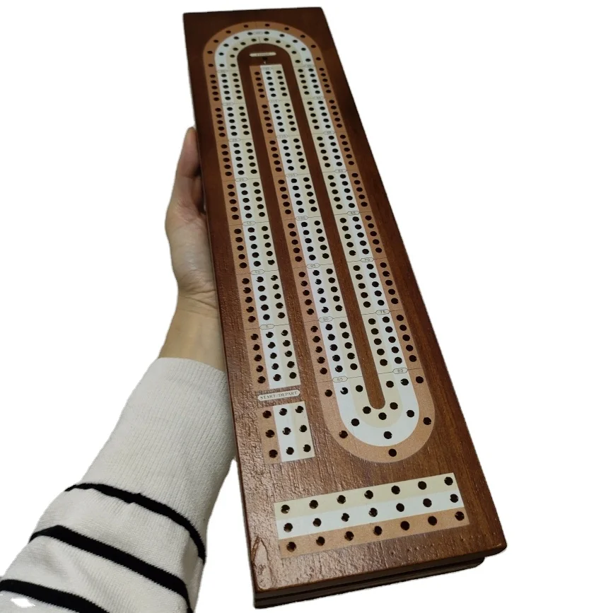 Cribbage Board Game Set with Continuous 3-Track Board & Magnetic Lock Metal Pegs Vinyl Sticker Playing Cards Storage Area