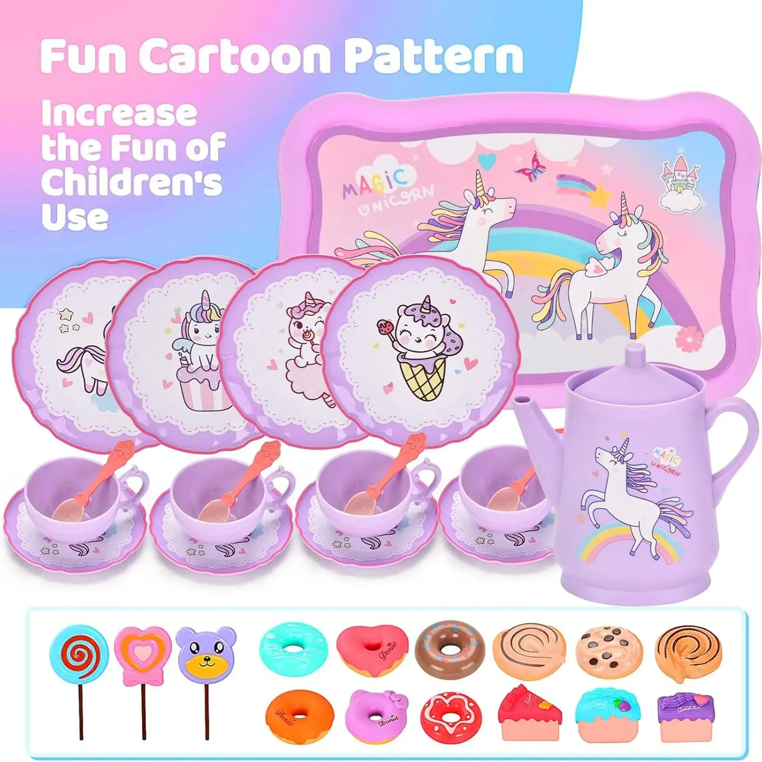 Unicorn Tea Party Set Princess Pretend Play Preschool Plastic Teapot and Cup Set Tea Play Kitchen Toys for Kids