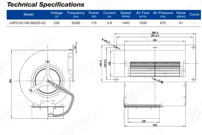 Centrifugal Blower, LONGWELL, 146mm, 230V, IP54 - detail 10