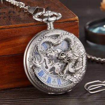 Orologio da tasca vintage con drago e fenice cavo in bronzo