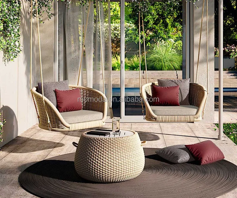 Unique New Outdoor Designer Creative Red Rope Knot Egg Chair Courtyard  Balcony Personality Leisure Lounge Chair with Ottoman
