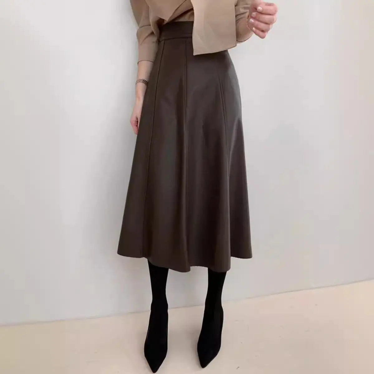 A-Line Flare Leather Skirt Full Length View