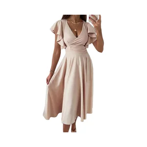 Elegant Women's Chiffon Wedding Guest Dress with Front Logo V-Neck Skater Style Short Sleeve for Summer for Careers