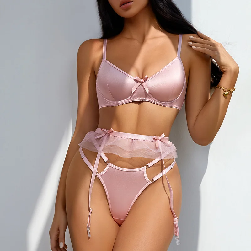 OEM ODM Satin Underwear Sexy Lingerie Bra Set Three Piece Intimate Sexy  Lovely Nighty Lingerie Club Wear Women