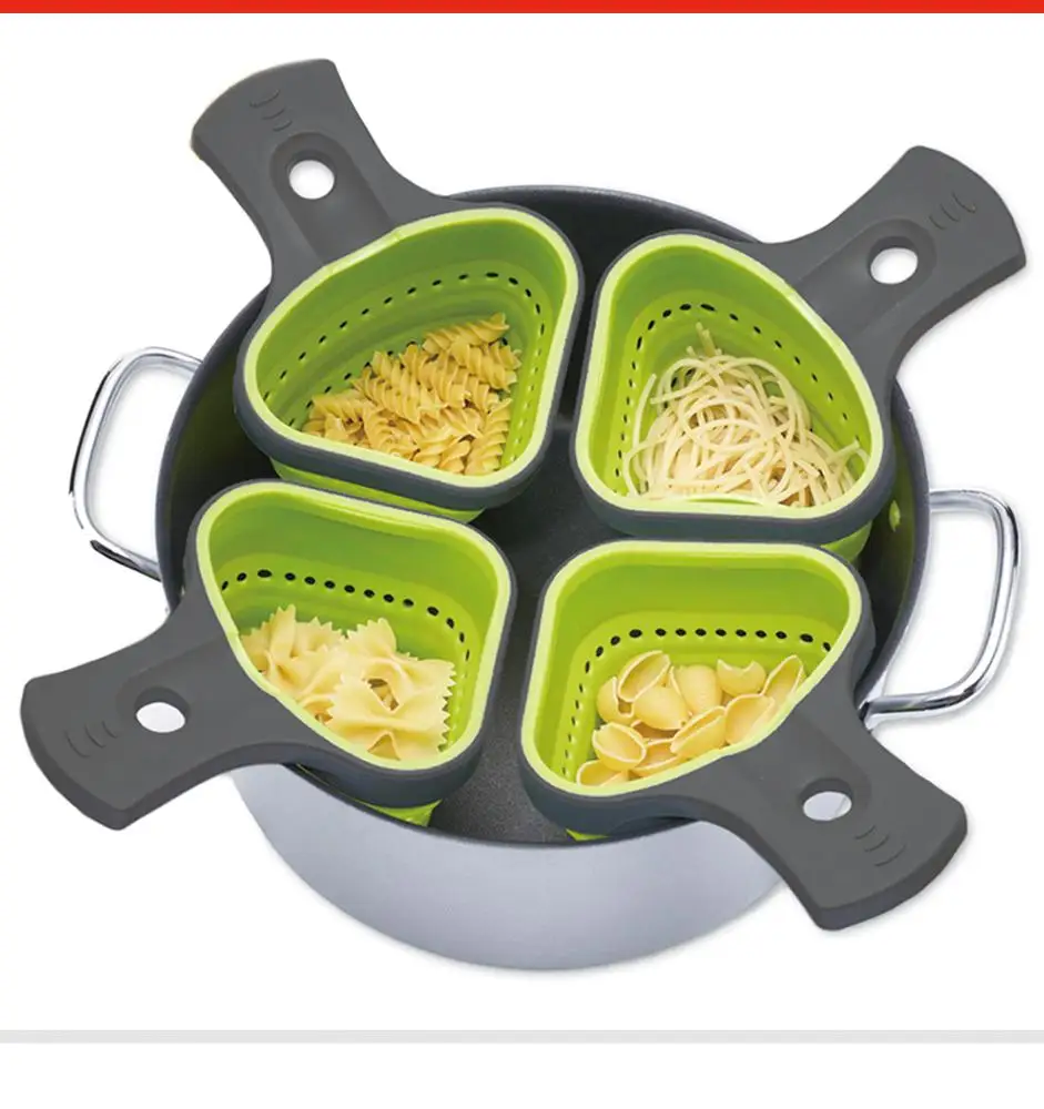 Durable Silicone Pot Strainer Heat Resistance Kitchen Gizmo Pasta Strainer Collapsible Triangular Strainer Basket With Handle