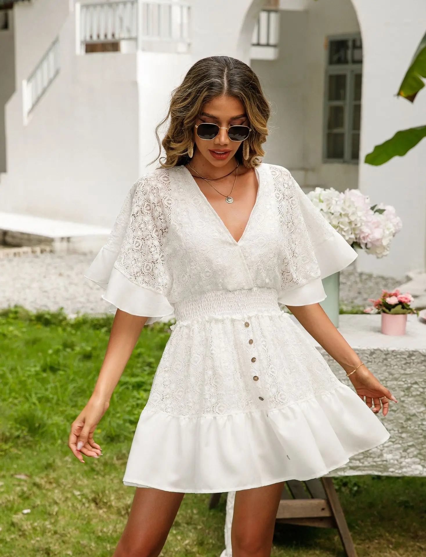knee length dresses for ladies Summertime Chic: Women's Lace Splice Spaghetti Strap White Dress – Canary  Houze