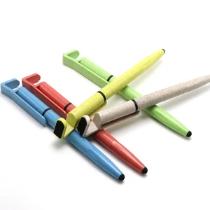 Promotional Eco Friendly Wheat Straw Twist Action Stylus Phone Holder And Screen Wipe Ball Pen For Promotional Gifts