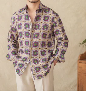 Spring Men's Casual 30% Linen Printed Windsor Collar Breathable Shirt Youth High Quality Long-sleeved Shirt for Men