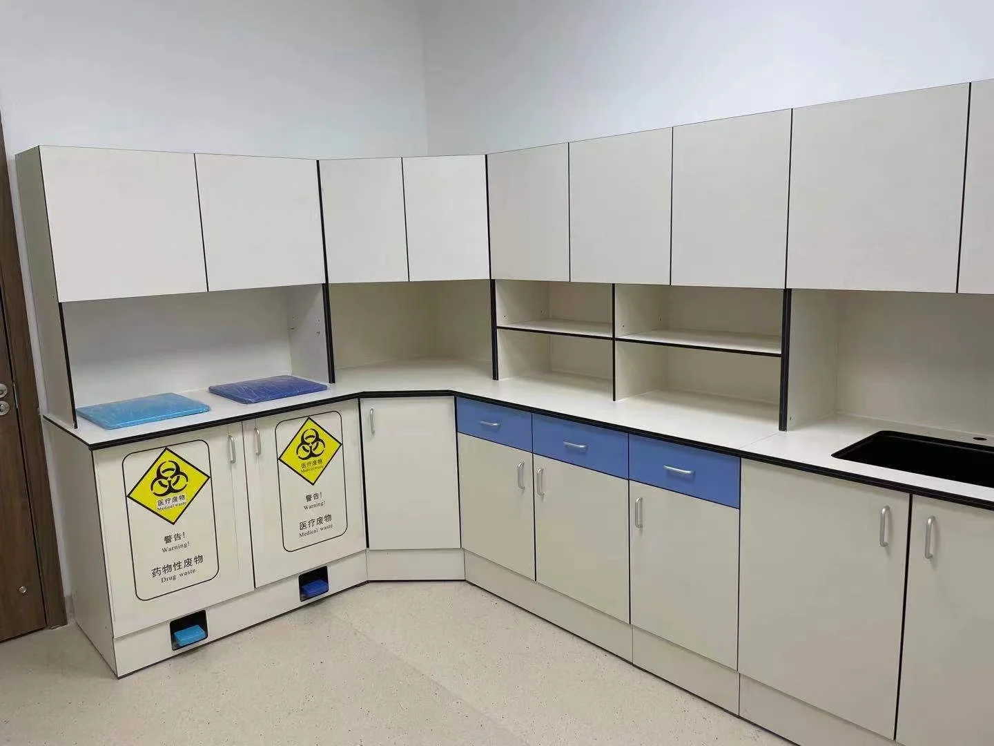 Hospital Garbage Rack OEM Full Set HPL Cabinet Medical Waste Garbage Storage with Sink 12mm ...
