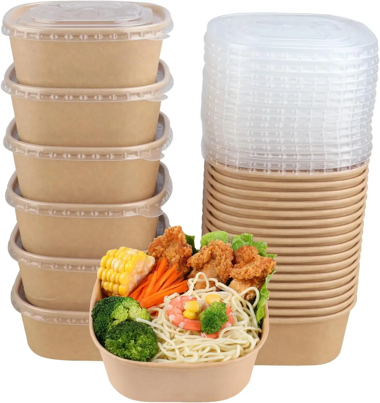 Wholesale Disposable Paper Bowl With Lid for Salad Soup Noodles Lunch Kraft Square Bottom Food Box Container Eco Friendly