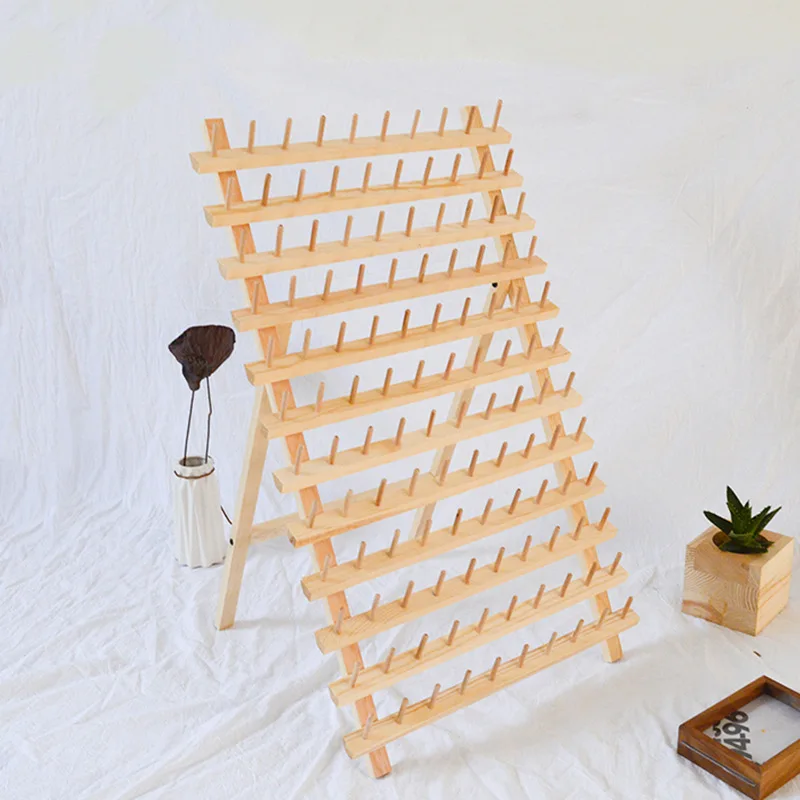Wooden Spool Thread Rack Sewing Thread Custom Thread Holder Wood Yarn Rack With Hanging Hooks,120-Spool Sewing Rack
