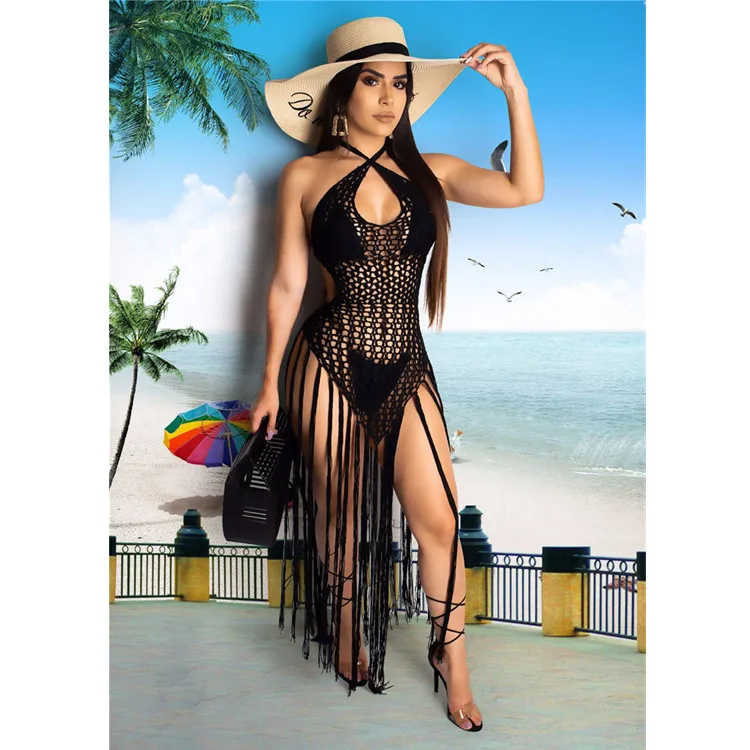 Long Tassels Knitted Cover Ups Dresses Halter String Back Crocheted Beach Clothing Ankle Length Solid Pattern Outdoor Wear