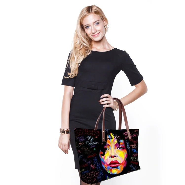 Best  luxury Black Art African Girl Printing Tote Bag For Women Neoprene High Quality Tote Bag Unique Custom Logo Tote Bag