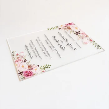 White Ink Printed 1/8 Thick Plexiglass Wedding Invitation Card 5x7 Floral Color Crystal Clear Acrylic Wedding Invitation