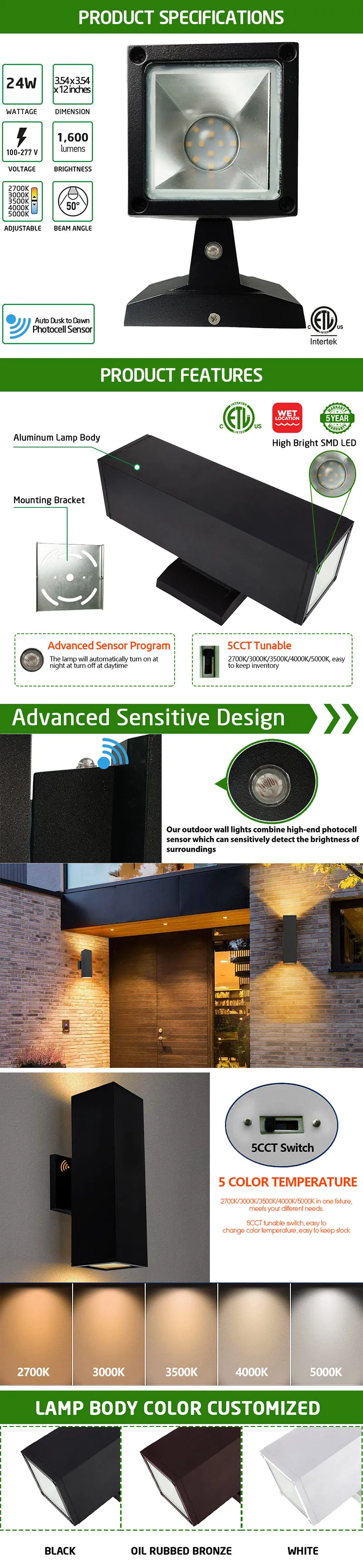 5CCT Switchable and Sensor Dusk to Dawn Garden led Wall Lights Sconce for Interior and Outdoor