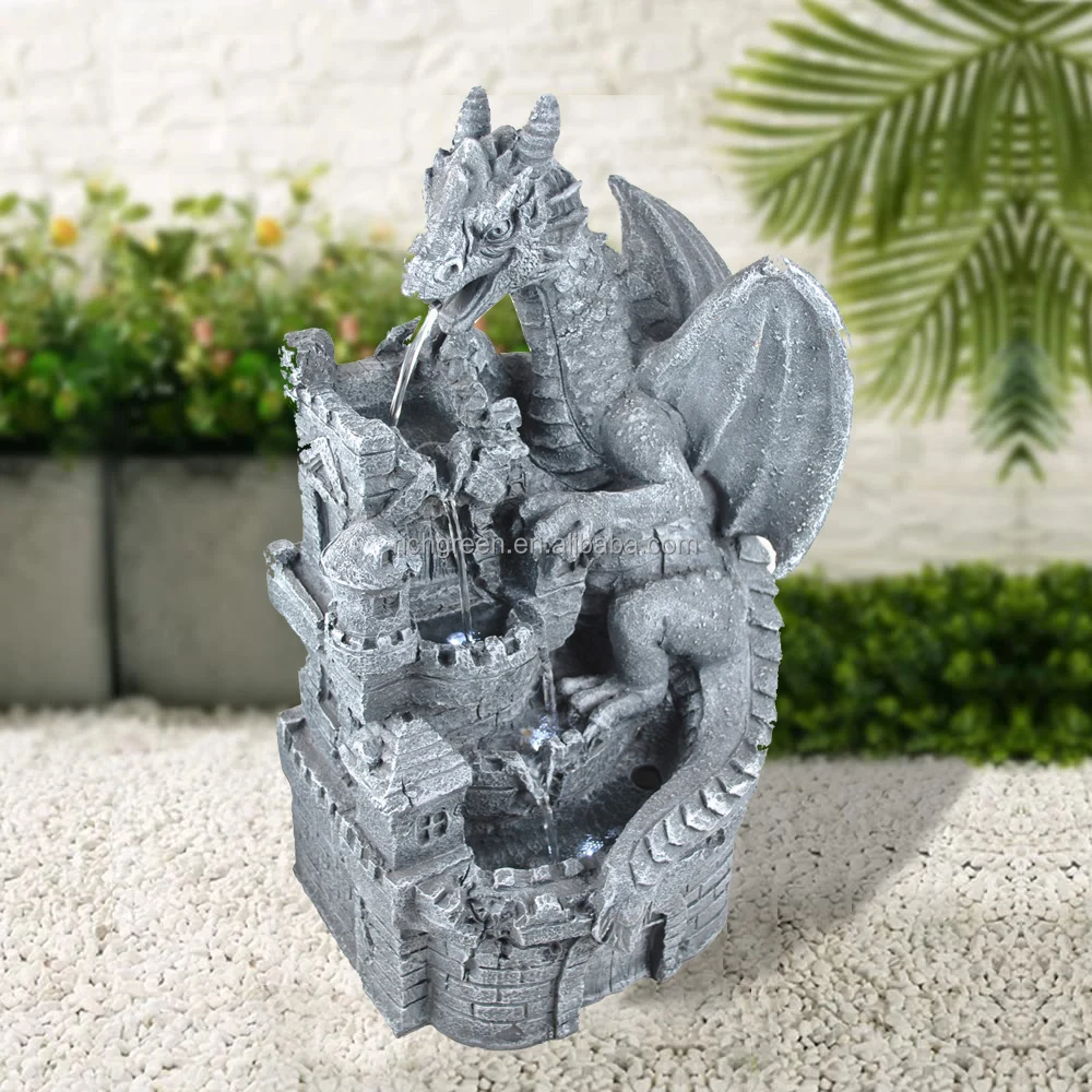 2022 Polyresin New Gothic Dragon Statue Castle Cascading Waterfall ...