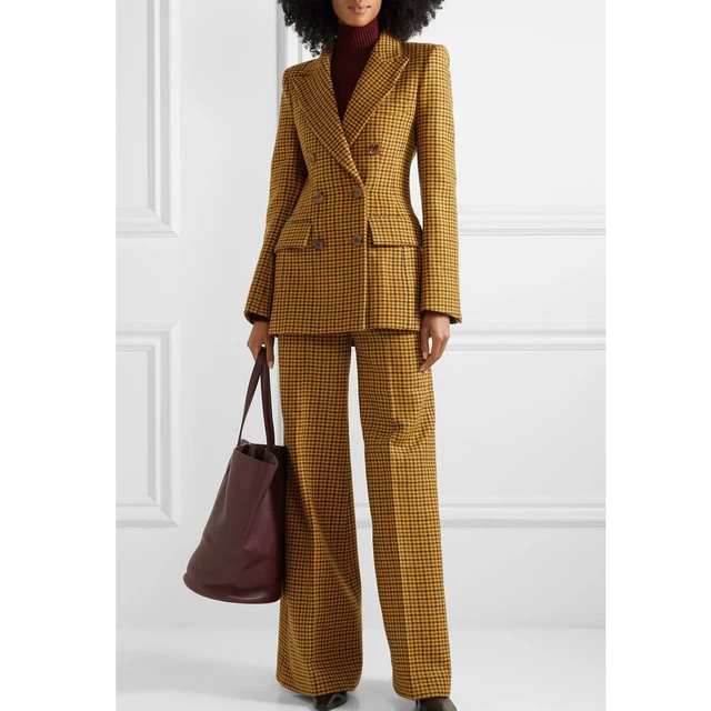 High Quality Office Checked Vintage Slim Fit Blazer Suit  Elegant Female Jacket Double Breasted Blazer Set