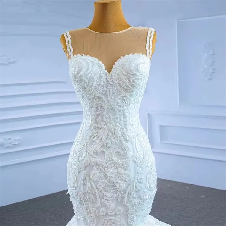 2024 Customize African Sleeveless Round Neck Mermaid Wedding Bridal Dresses Ruffle Fish Tail Wedding Dress Bridal Ball Gown