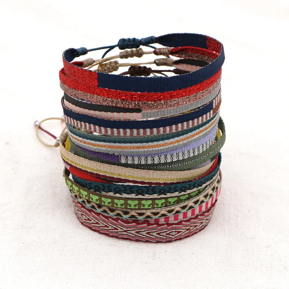 Bohemian Style Colombian Ethnic Adjustable Fabric Ribbon Woven Webbing Bracelets