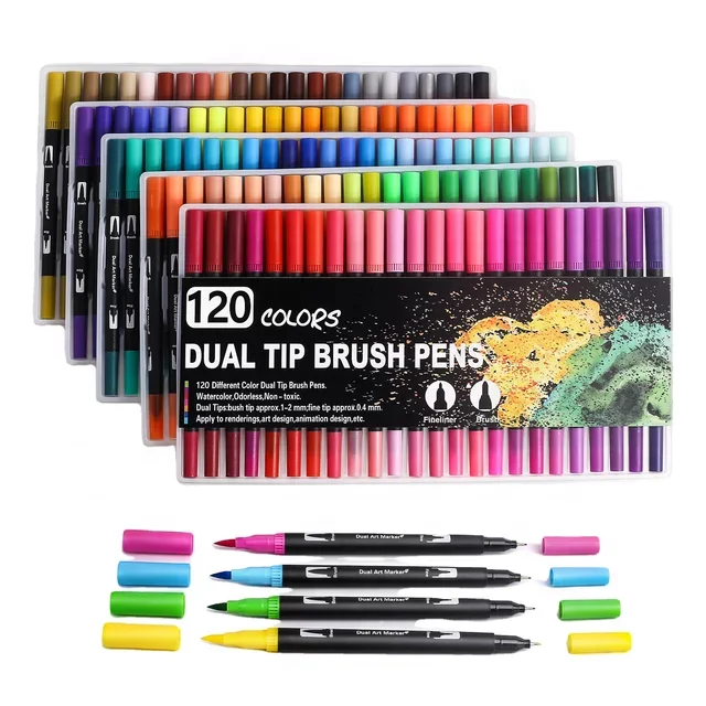 120pcs Mixed Color Dual Tip Brush Marker Pen, Brush Tip And Fineliner Marker  For School, Drawing, Coloring, Journaling