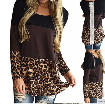 2019 Ladies Long Sleeves red and plain and leopard Loose Fashion Woman Blouse girls shirt with leather pactches