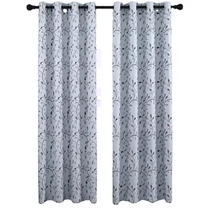 Floral Blackout Curtain With Leaf Embroidery Grommet Top Thermal Insulated Room Darkening Embroidery Window Curtain