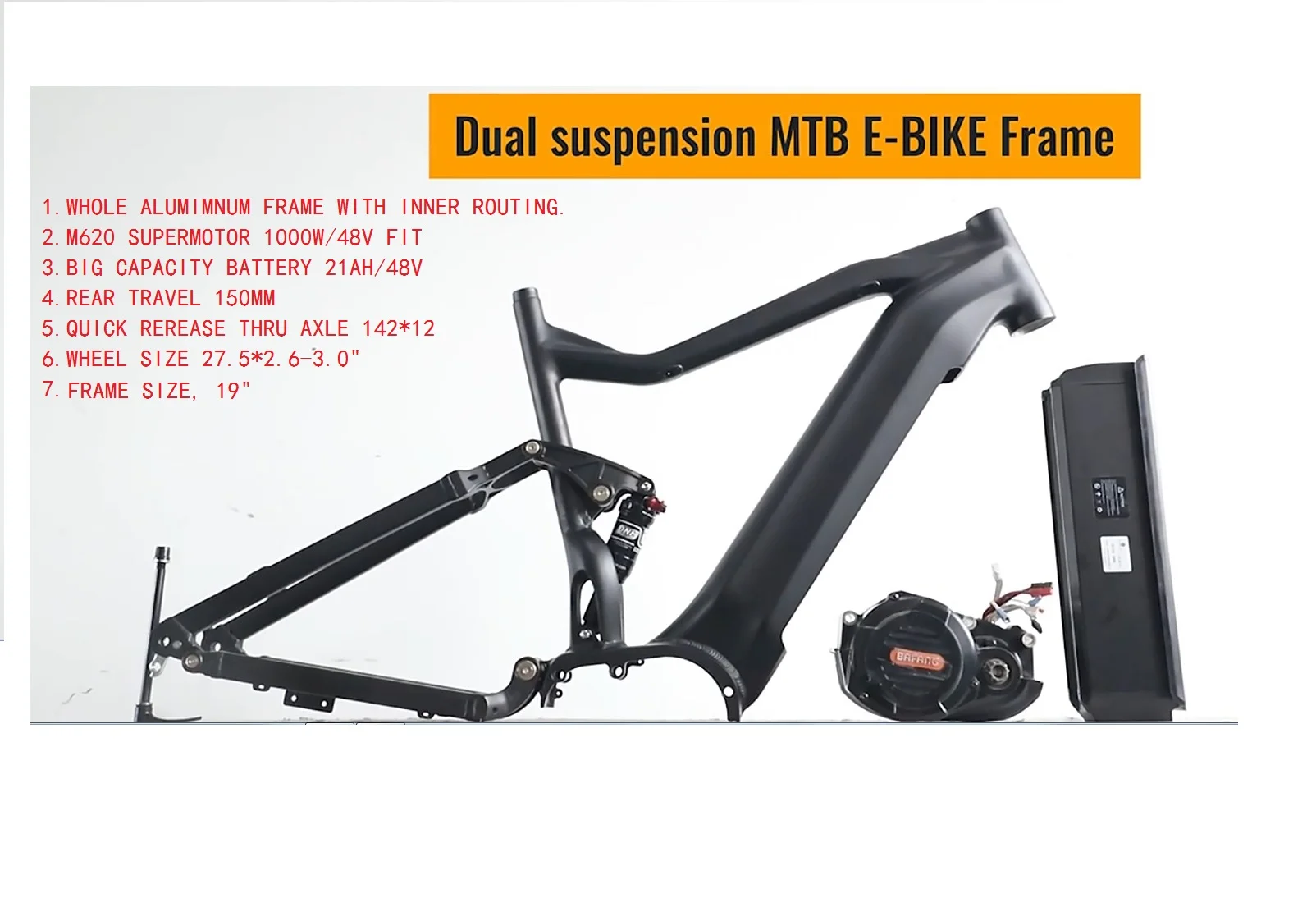 Aluminum Alloy Full Suspension Bafang M620 Electric Bike Frame