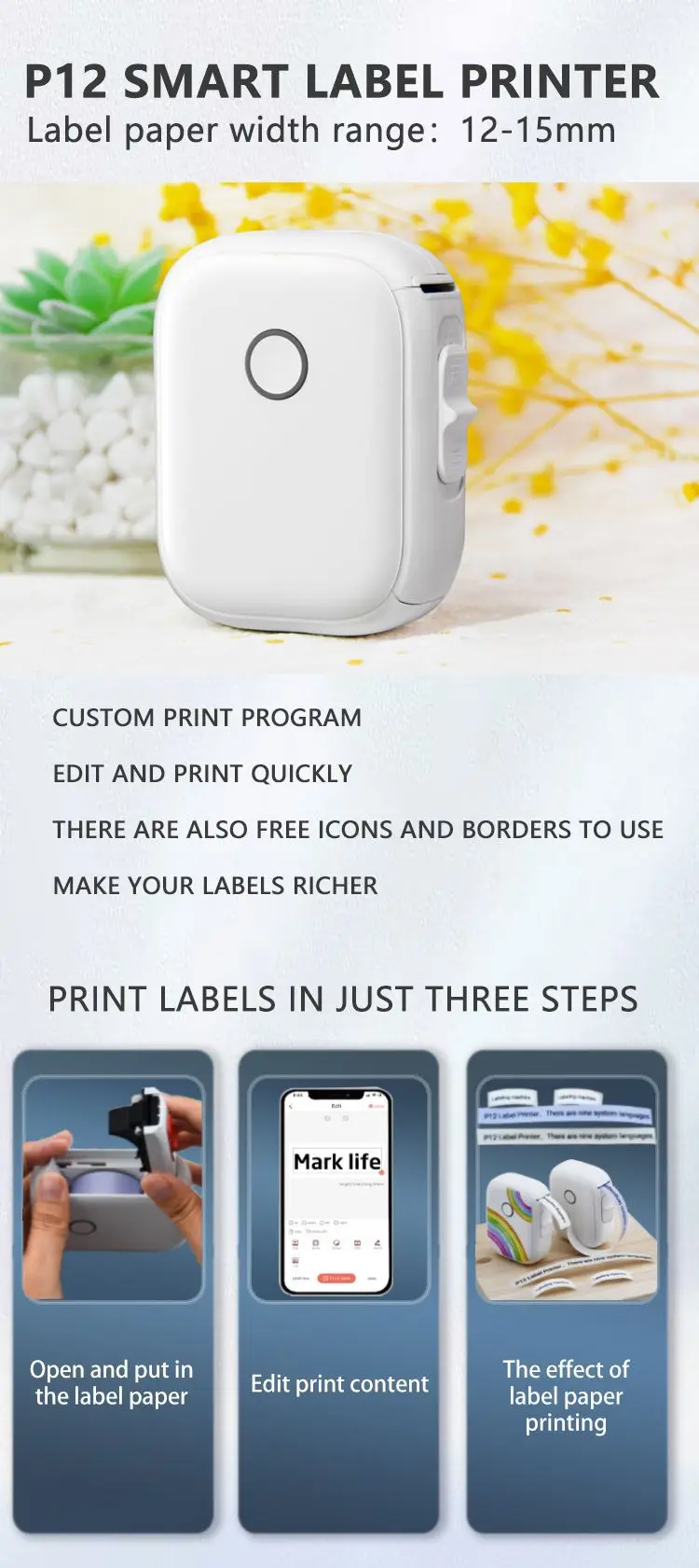 Portable Label Maker P12 Wireless Blue Tooth Continuous Label Printer Handheld Machine Self Adhesive Continuous Label Tape 4 H1c3dbbf9d14443abb8dd7c467541c28cs
