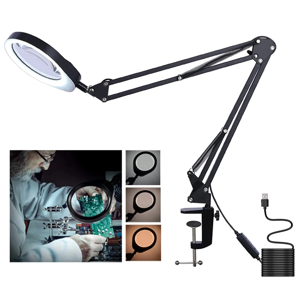 8x Magnifying Glass with Light and Stand, 2-in-1 Real Glass Magnifying Desk Lamp & Clamp, 3 Color Modes Stepless Dimmable, LED Lighted Magnifier with