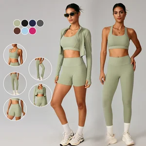 Custom Logo Women's Activewear 5 Pieces Sets Quick Drying Yoga Top Leggings Womens Running Naked Tight-Fitting Workout Sets