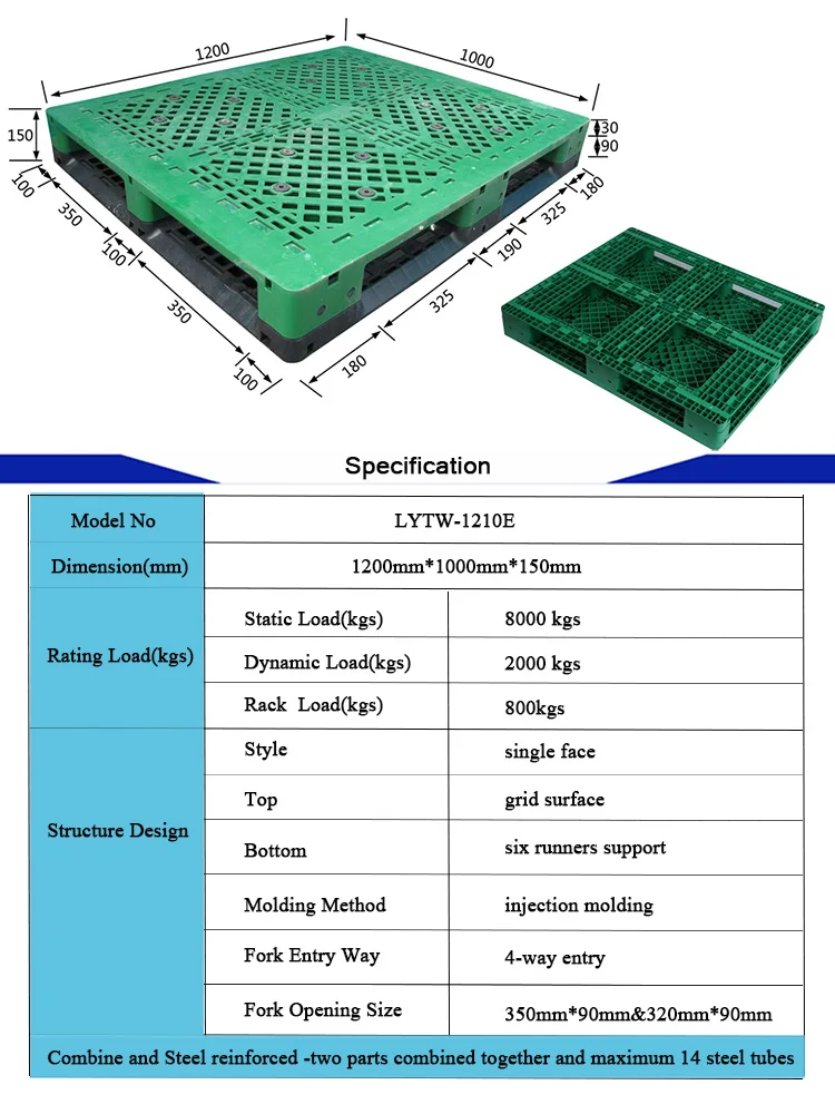 1.2m X 1m Heavy Duty Recycled Plastic Euro Pallet Single Faced 4-Way Racking Pallets with 14 Steel Tubes for Storage Logistics