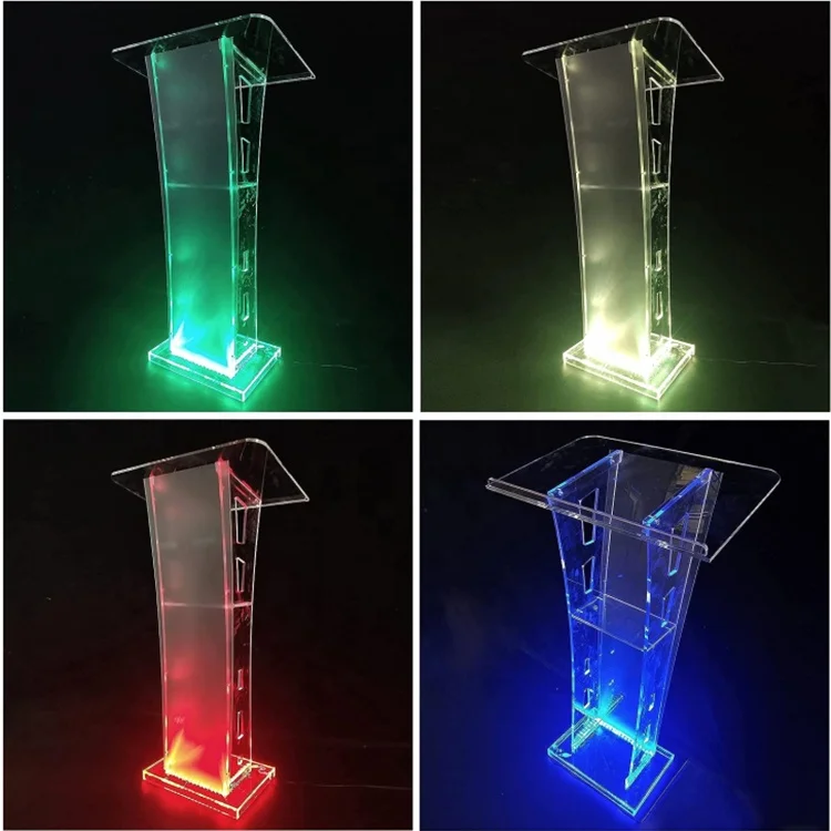 Multiple LED Colors Acrylic Podium Stand Clear Detachable Acrylic Lectern Pulpits for Easy Assembly