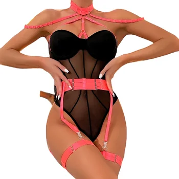 Mesh Strap Stitching Complex Heavy Craft Neck Sling Leg Ring Bodysuits For Women Sexy Lingerie Woman