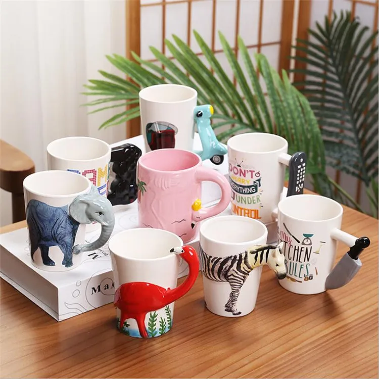 Hot Sale Cartoon Custom 3d Mug Ceramic Animal Children Coffee Mugs Cup  Creative Handle Coffee Embossing Ceramic Mug