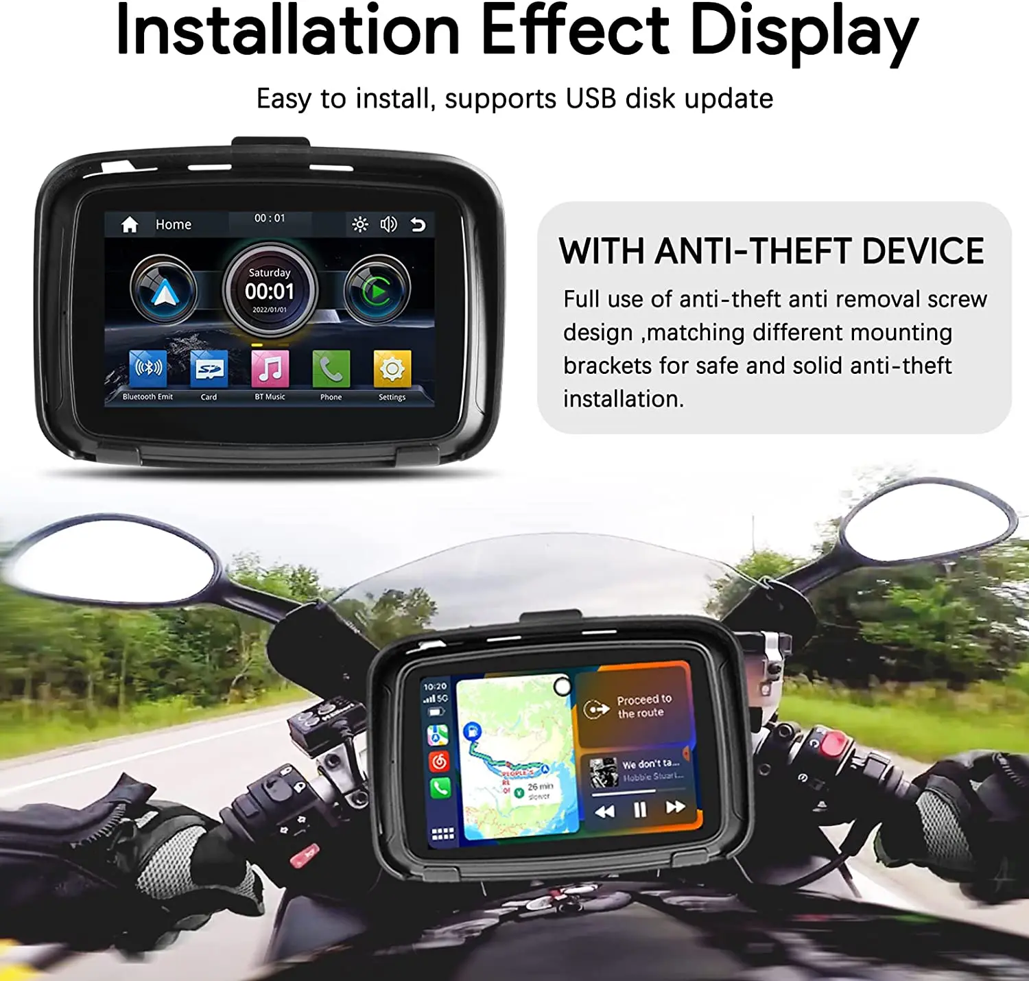 Portable Ipx7 Waterproof Motorcycle Display Touch Screen GPS Navigation Wireless Carplay for Motorcycle Carplay Android Auto