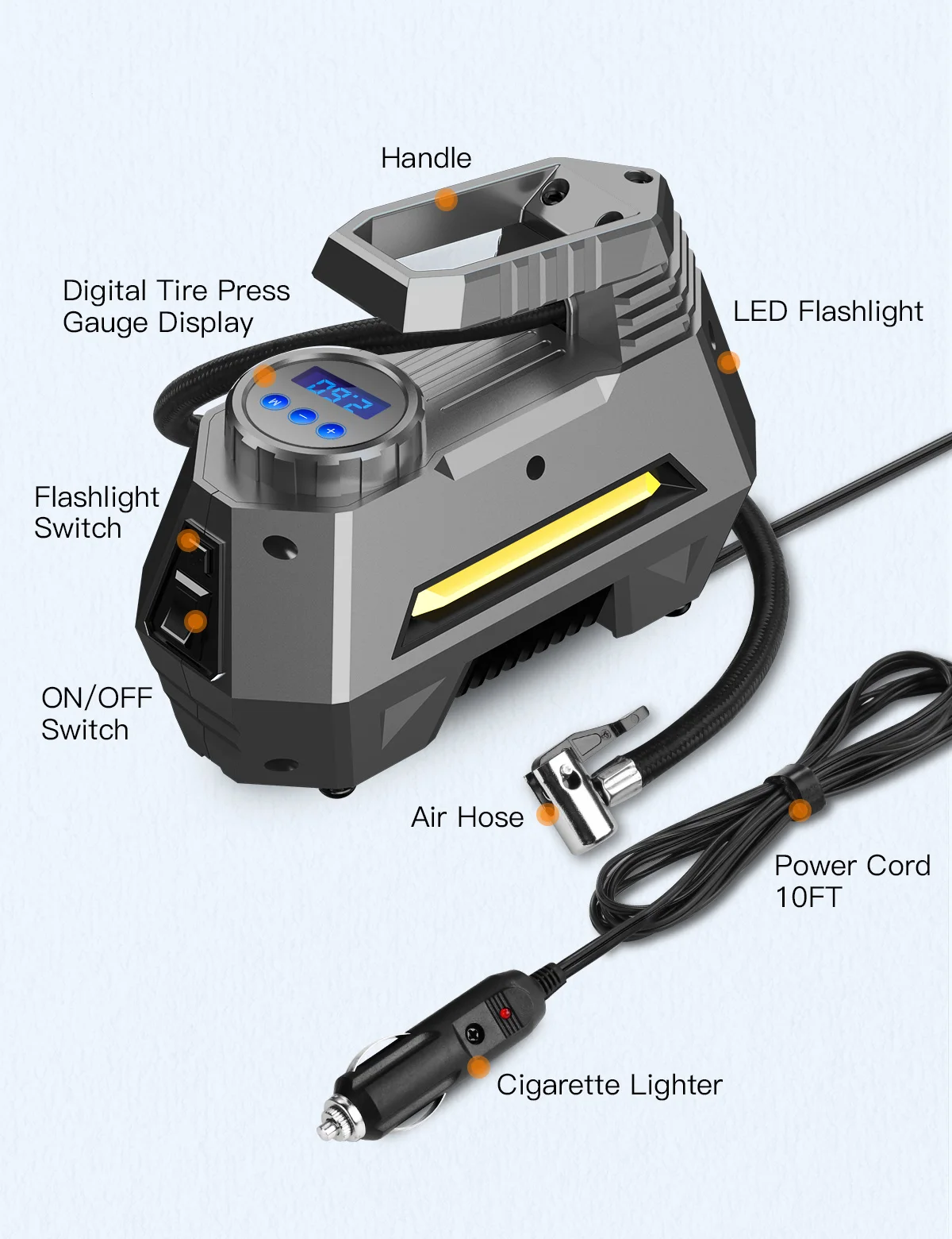 
Портативный насос для автомобильных шин воздушный компрессор насос светодиодный Электрический автомобильный насос для шин с цифровым давлением 