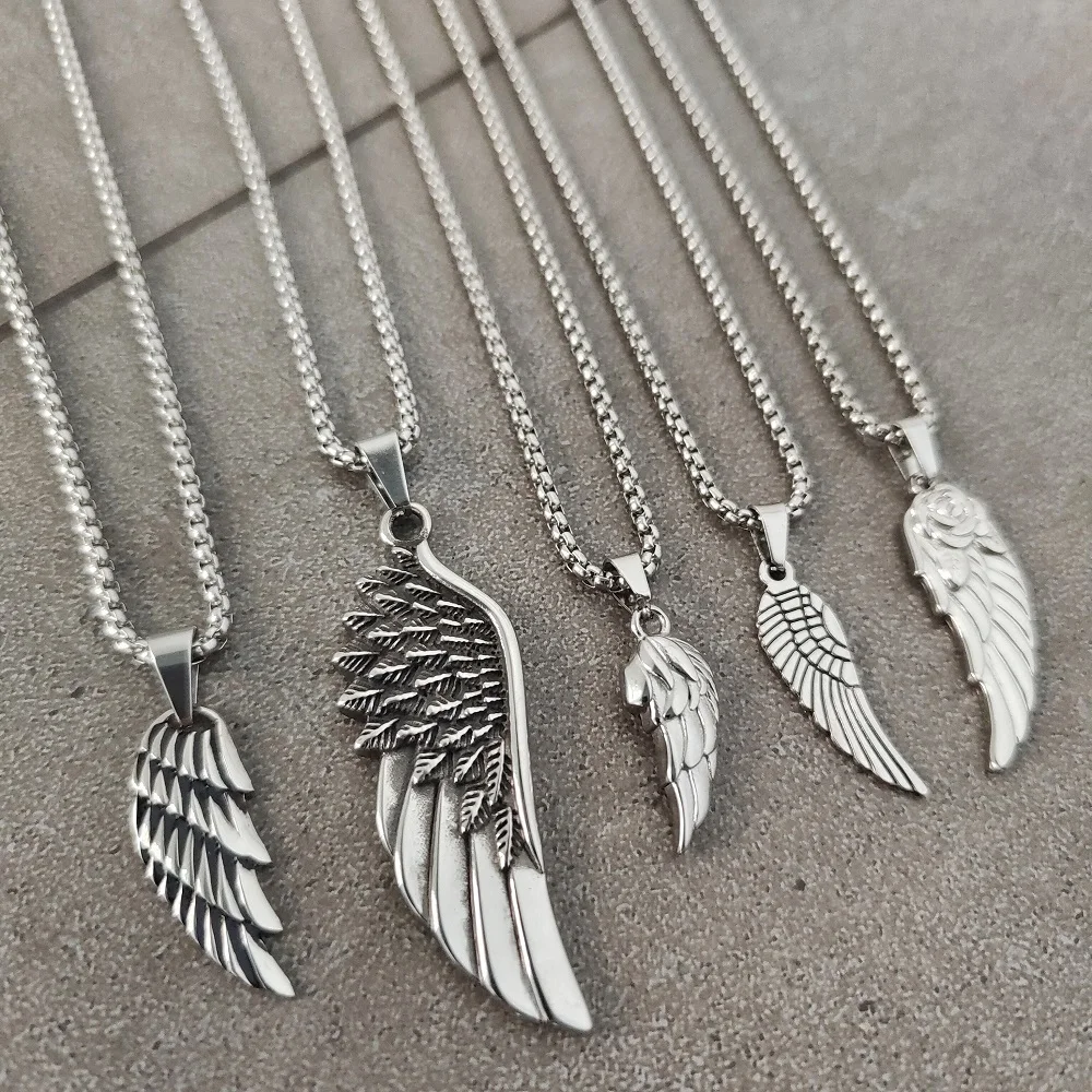 VAF SILVER Stainless Steel Feather Angel Wings Pendant Collection Necklace  With 60cm Round Box Chain Aile Flugel Ala