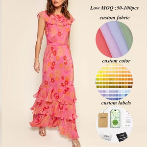 Factory Oem Wholesale Elegant Long Dresses Women Custom Sexy Open Back Ladies Ruffled Hem Floral Printed Chiffon Dress