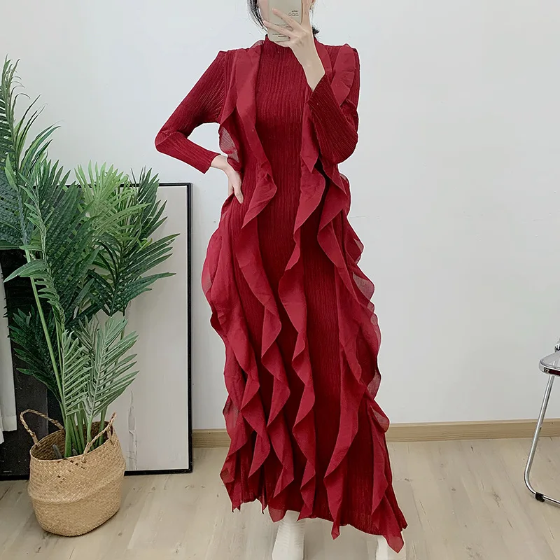 High-end Design Vintage Ruched Pleated Maxi Dress Long Sleeve Natural Waist  Plus Size Women's Unique Casual Loose Elegant Autumn