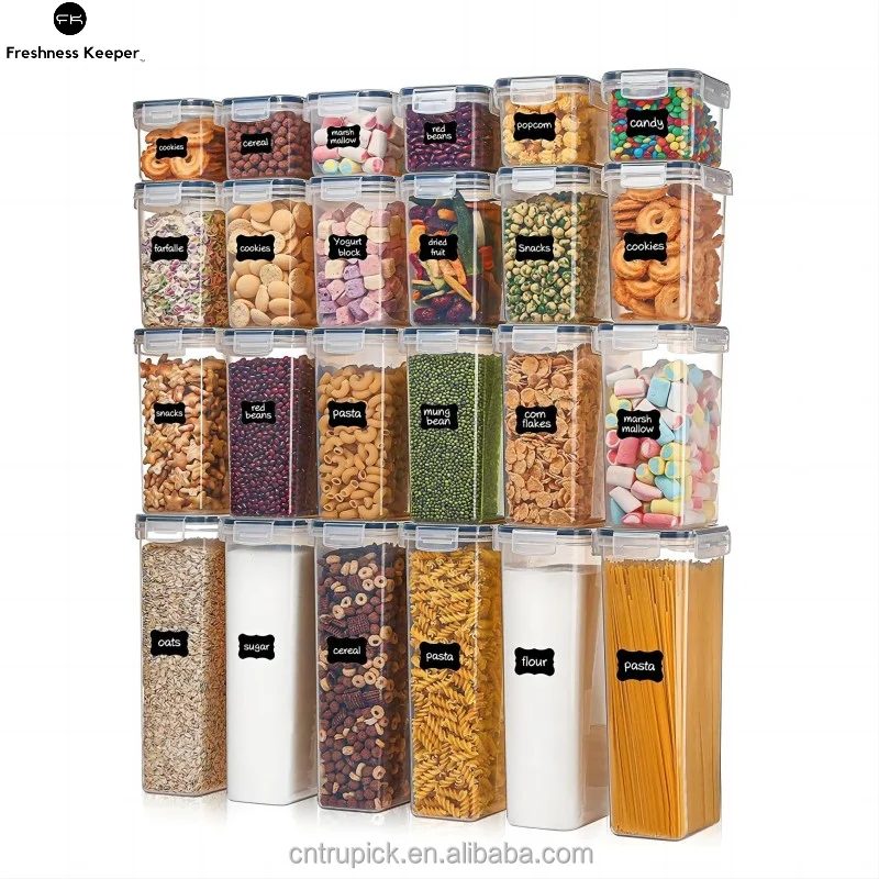 24 Pack Hot Selling Plastic BPA Free Airtight Dry Cereal Food Storage Boxes Containers  Set for Kitchen