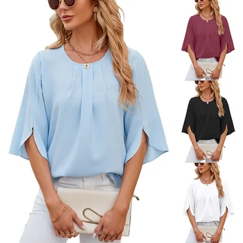 Wholesale Solid Color Casual Loose Baggy Round Neck Women's T-Shirt Chiffon 5/4 Sleeve Short Sleeved T- Shirts