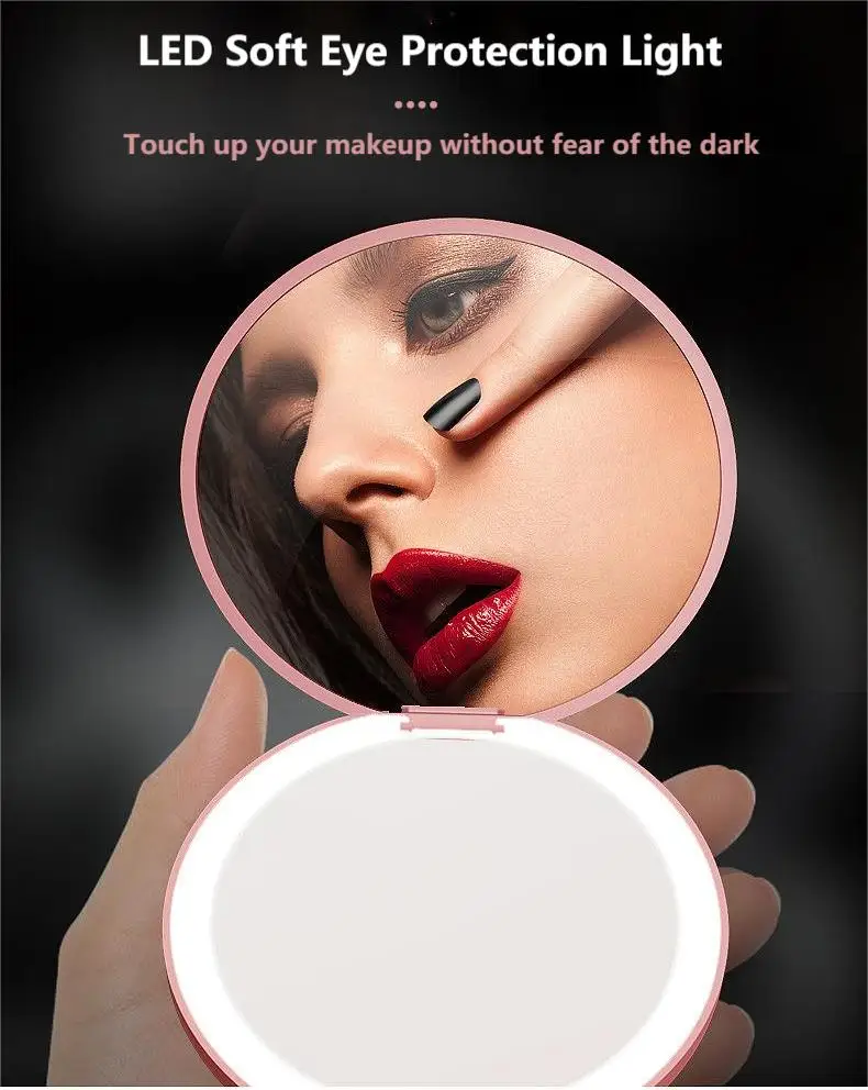 Double Sided Pocket Makeup Mirror With Led Light Hand Mirror Logo