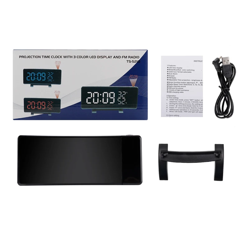 Digital Curve Led Projection Radio Alarm Clock Three Display Colors Desktop Temperature Clock for Bedroom