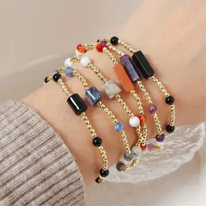 Wholesale 18K Gold PVD Ball Link Chain Bracelet with Healing Stone Charm Natural Crystal Gravels Stainless Steel Jewelry