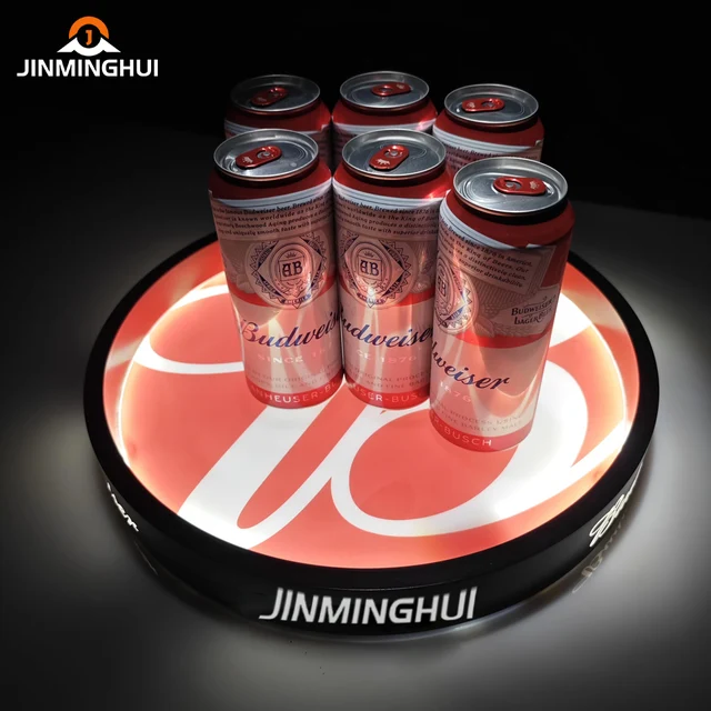 High Quality New Design Custom Logo Round Shape Night Club Party Bar Plastic Rechargeable Luminous Led Serving Tray