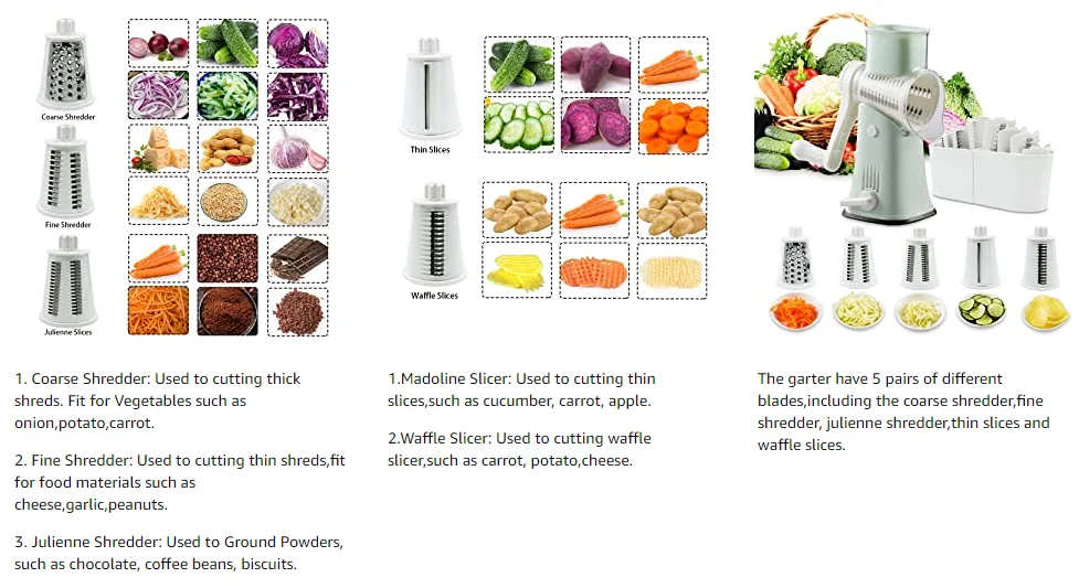 Rotary Cheese Grater Shredder 5-in-1 Tumbling Box Mandoline Vegetable  Julienne Slicer Waffle Cutter Nut Chopper, Black