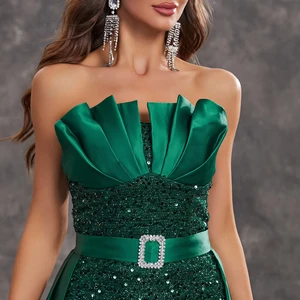 Elegant Ladies Evening Party Gown Strapless Satin Floor-Length Dress with Lace Decoration Natural Waistline for Summer Prom