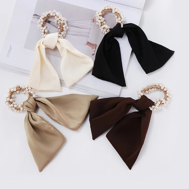 Korea Women Simple Sweet Pearl Ribbon Hair Tie Retro French Ponytail Head Rope Temperament Detachable Girl Hair Accessories