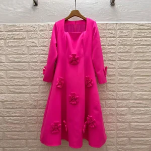 AELESEEN Spliced Appliques Elegant Dresses for Women Autumn Square Collar Long Sleeves High Waist Patchwork Zipper Midi Female