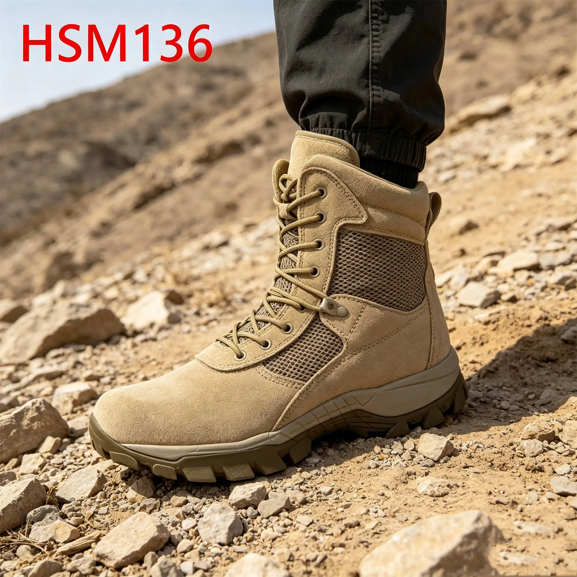ZYF,anti-shock PU+rubber Sole Black/tan Hua Singh Men Leather Boots Wild Camping Sweat Free Mesh Fabric Combat Boots HSM136